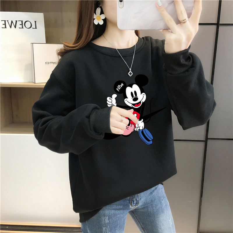 Áo thun nỉ mềm dài tay cổ tròn in họa tiết Mickey gợi cảm cho nữ