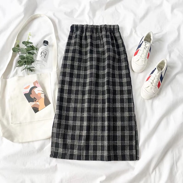 CV45 CHÂN VÁY DÁNG DÀI KẺ CARO XẺ MỘT BÊN EO CHUN