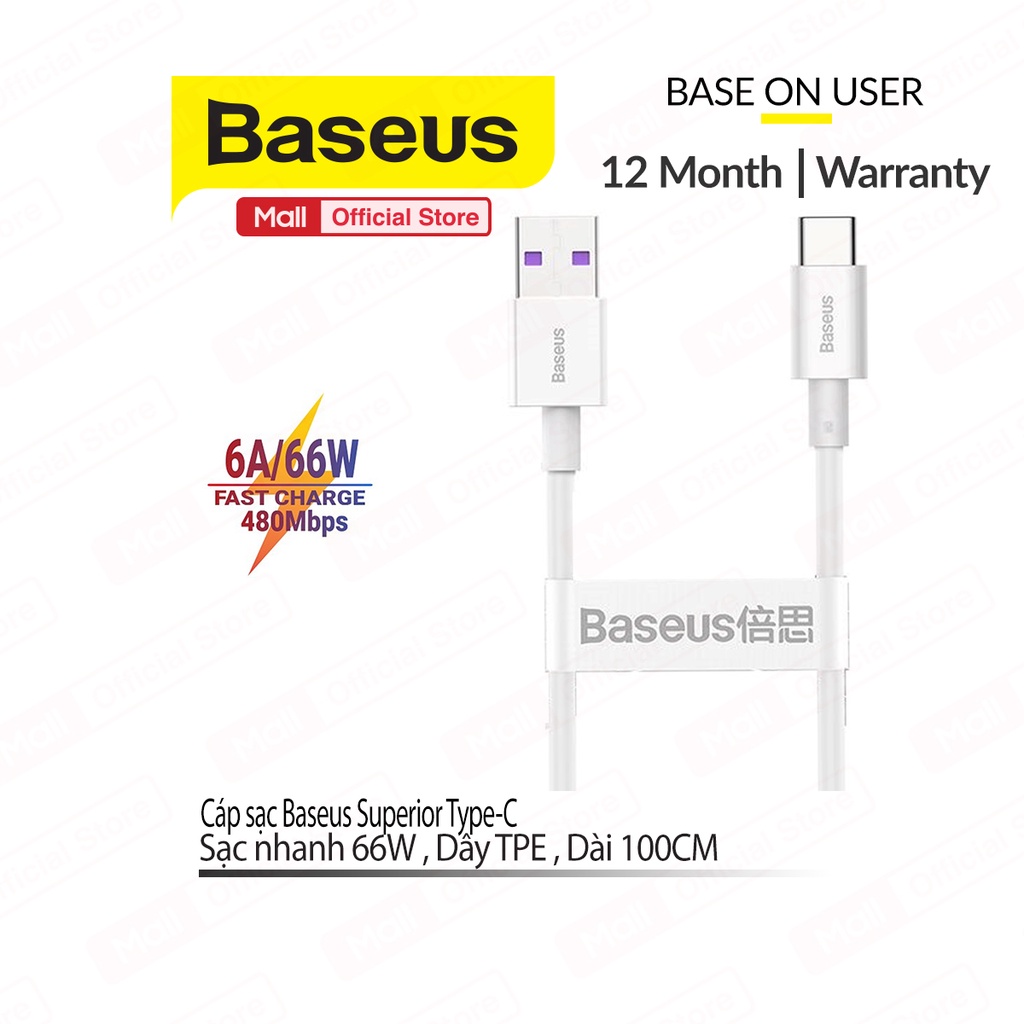 Cáp sạc 66W Baseus Superior Type-C data 480Mbps dây TPE siêu bền dài 100CM