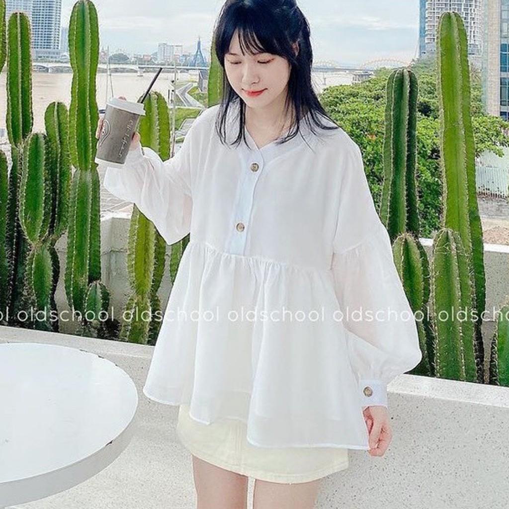Áo babydoll voan tơ tay bồng nút giả gỗ cực xinh cho nữ, phong cách Hàn Quốc (ảnh thật)- Hàng có sẵn