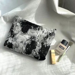 Túi xách đựng mỹ phẩm bằng vải canvas họa tiết hoa trắng đen phong cách retro thời trang cho nữ