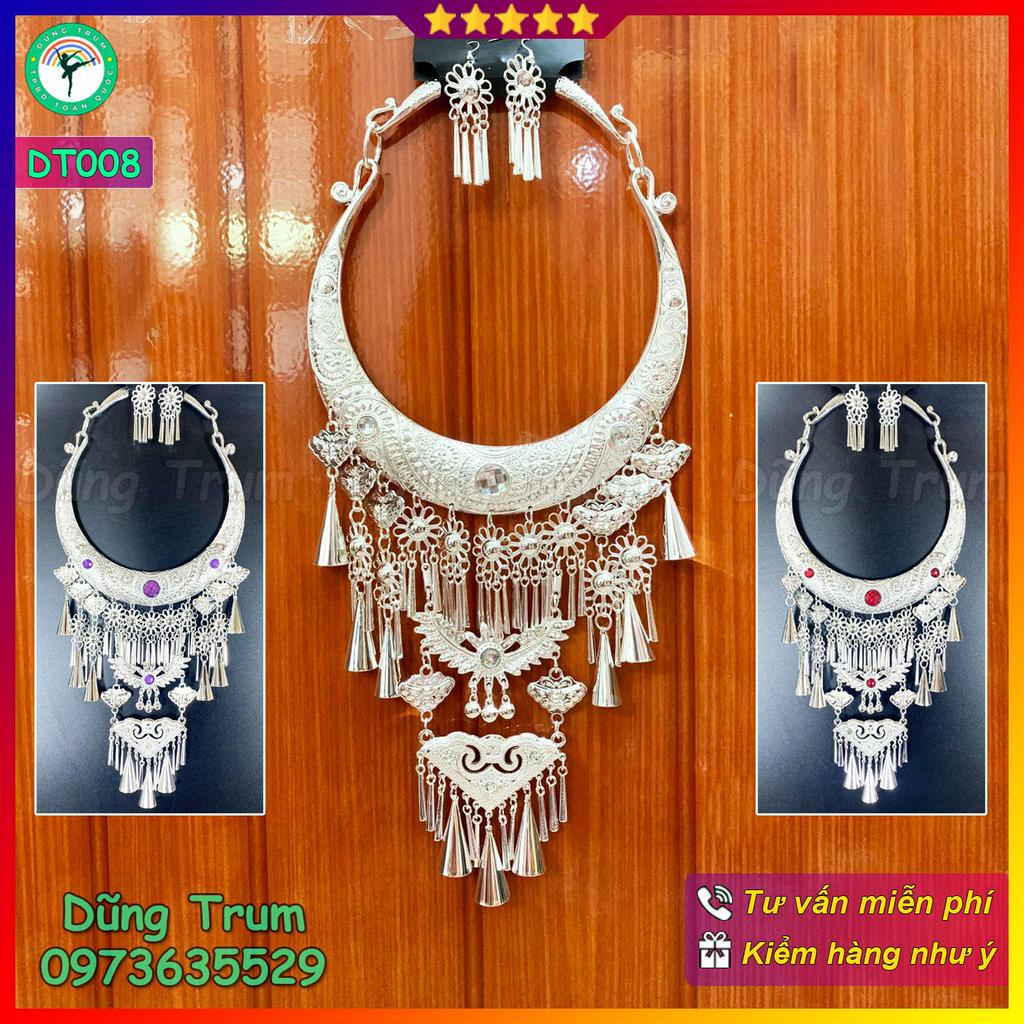 Kiềng hầu đồng tua dài kèm 2 bông tai, vòng cổ dân tộc mặt dây chuyền DT008
