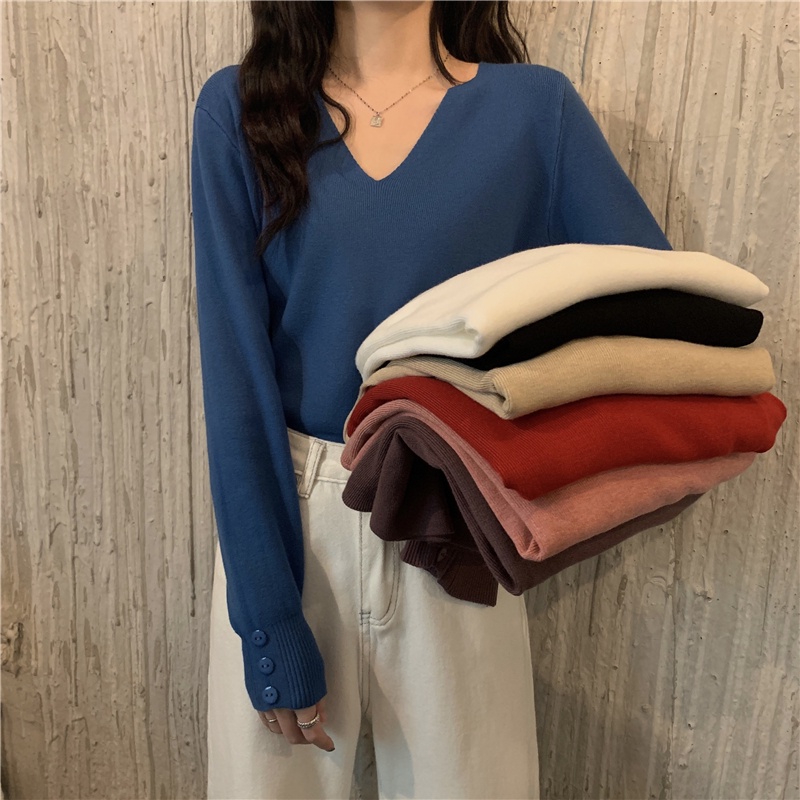 Áo sweater SUXI dệt kim mỏng tay dài cổ chữ v thời trang mùa thu cho nữ