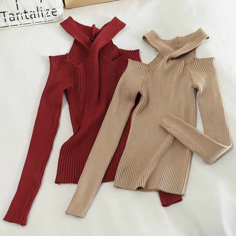 ÁO THUN GÂN NỮ TAY DÀI KHOÉT VAI CỔ CHÉO #ÁO_NỮ