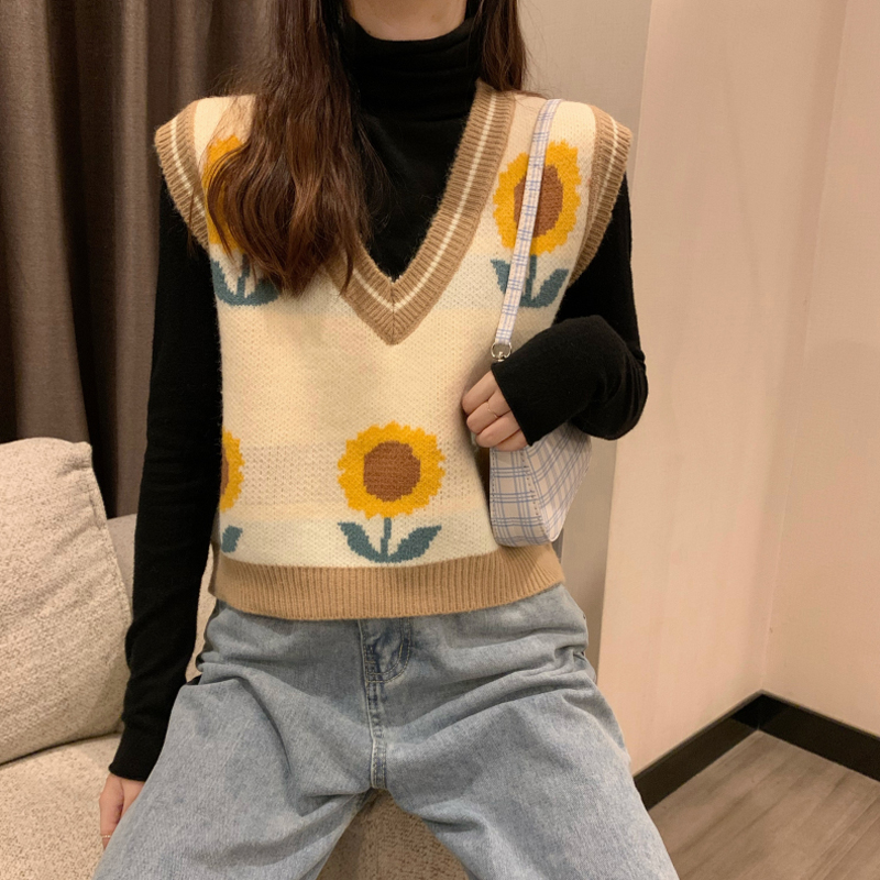 Áo Khoác Len Nữ Cộc Tay Cổ Chữ V Thêu Hoa Hướng Dương | BigBuy360 - bigbuy360.vn