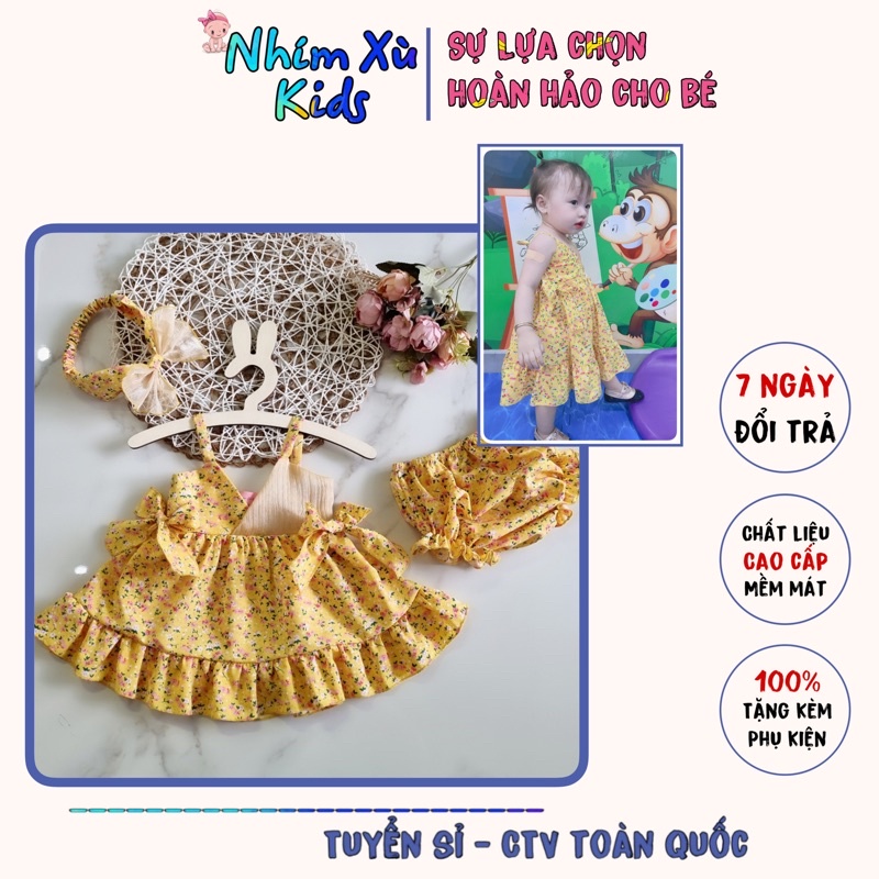 Sét váy hoa vàng chất lụa cotton Quảng Châu cho bé gái 3 đến 15kg [A163]