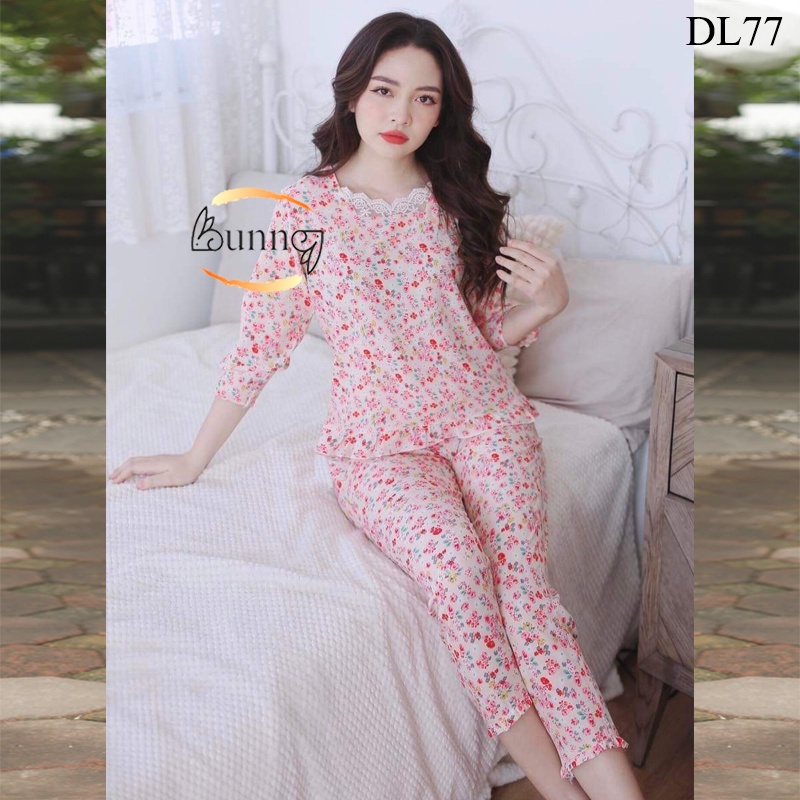 [Bunny]ĐỒ BỘ MẶC NHÀ TAY LỠ HỌA TIẾT HOA LÁ, CHẤT LIỆU LỤA MỀM MÁT, FOM DÁNG ĐẸP