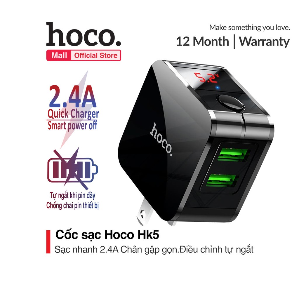 [Bán lỗ - xin 5 sao] Củ sạc nhanh tự ngắt 2 cổng sạc USB Hoco HK5,có đèn led # GIÁ SỐC # BẢO HÀNH 12 THÁNG