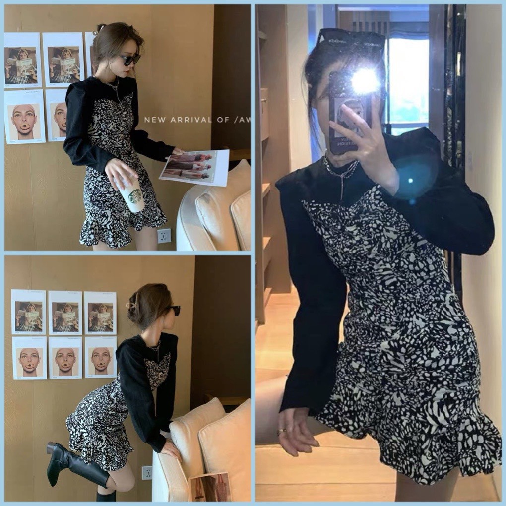 Đầm body tay dài phối hoạ tiết bèo lai nhúng che khuyết điểm V2 tốt - Thời Trang VADA - VB93 | BigBuy360 - bigbuy360.vn