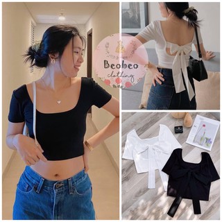[Ảnh thật] Áo thun croptop tay ngắn cổ u thắt nơ lưng dễ thương