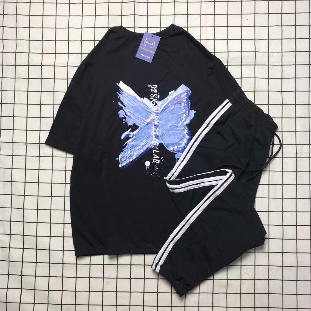 Đồ Bộ Dài Unisex Quần Jogger Áo Thun Butterfly Đen Lapi VN Thoáng Mát, Freesize,Form Rộng, Nam Nữ Đều Mặc Được