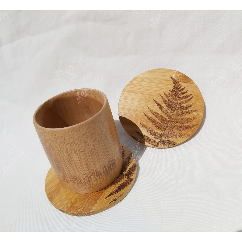 Miếng lót cốc, đế lót ly tròn họa tiết lá dương xỉ bằng gỗ tre ép 100%, bamboo coaster