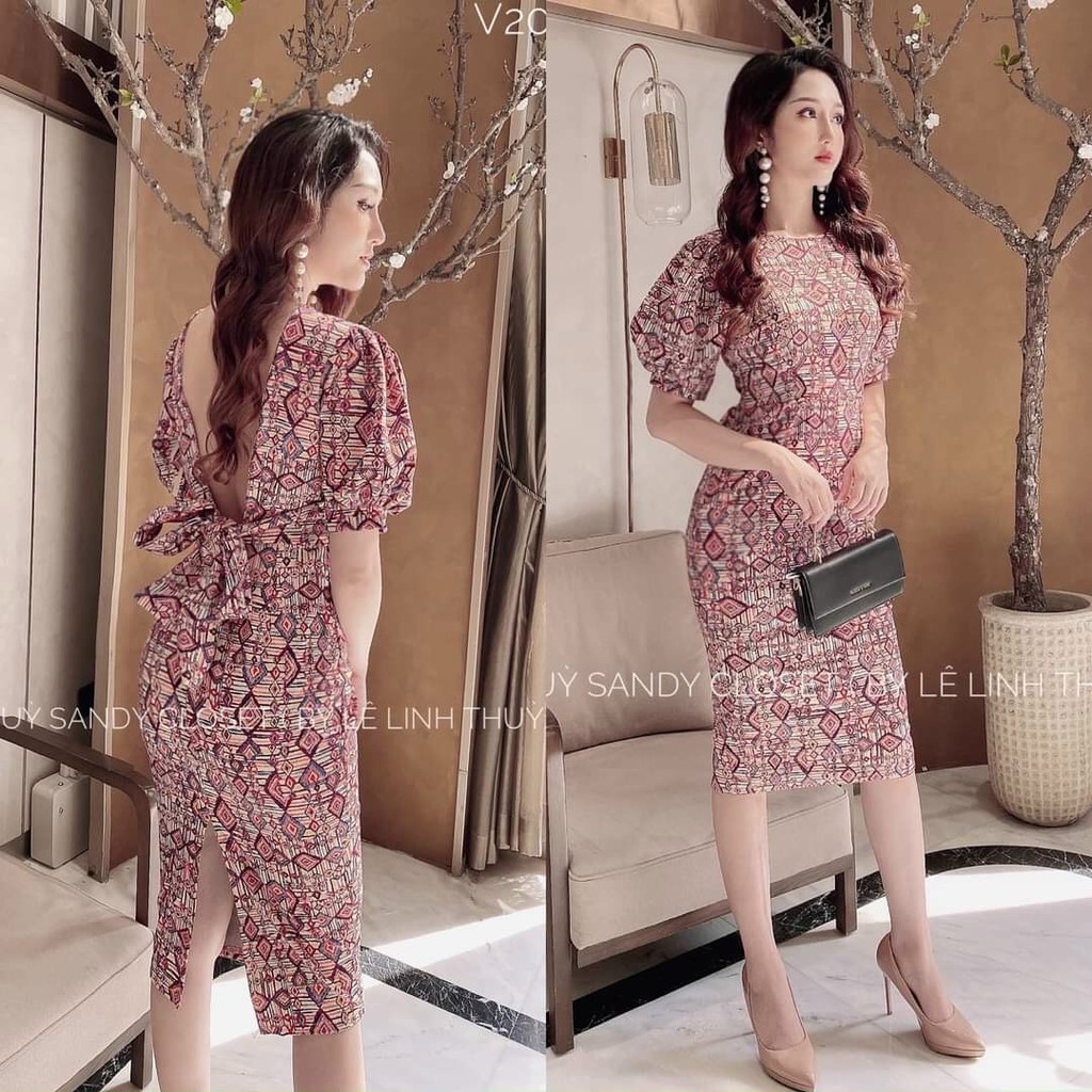 Đầm Tay Phồng Hở Lưng Có Mút Ngực Chất Liệu Thun Dẻo In KTS Thời Trang Nữ ĐẶNG DIỆU