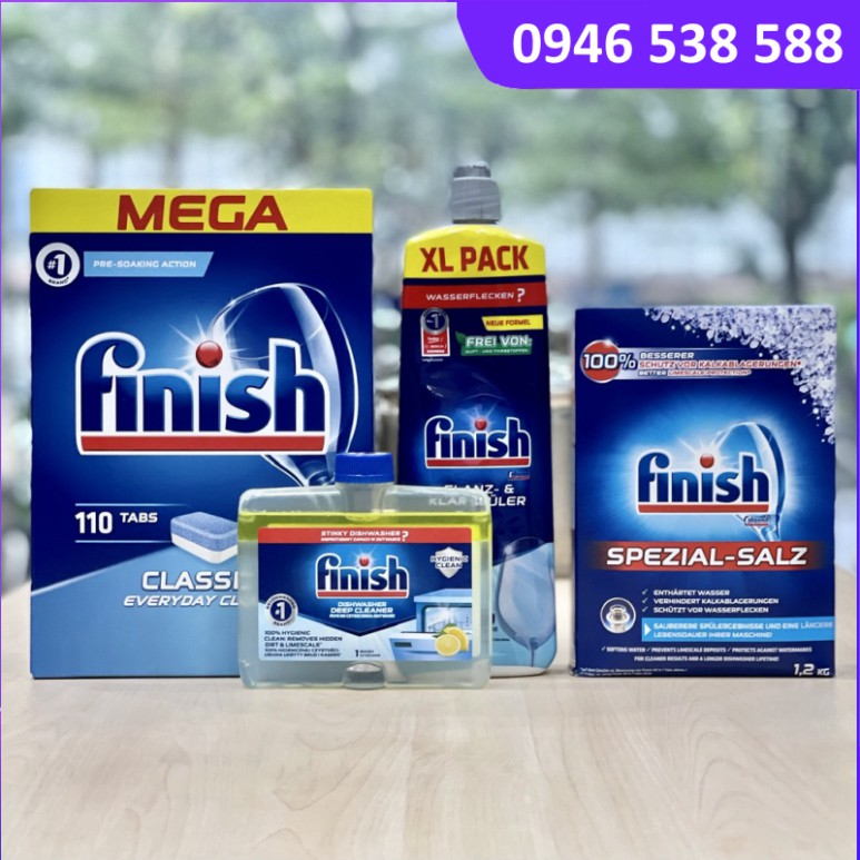 COMBO 4 SẢN PHẨM FINISH: Viên rửa bát Classic 110 viên + Muối rửa bát Finish 1,2kg + Nước trợ xả fininsh + vệ sinh máy