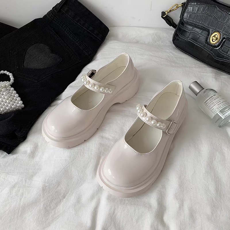 🎀  LOẠI 1 Giày búp bê lolita ulzzang nữ tính xinh xắn đính ngọc độn đế bằng da lì da bóng CÓ ẢNH THẬT