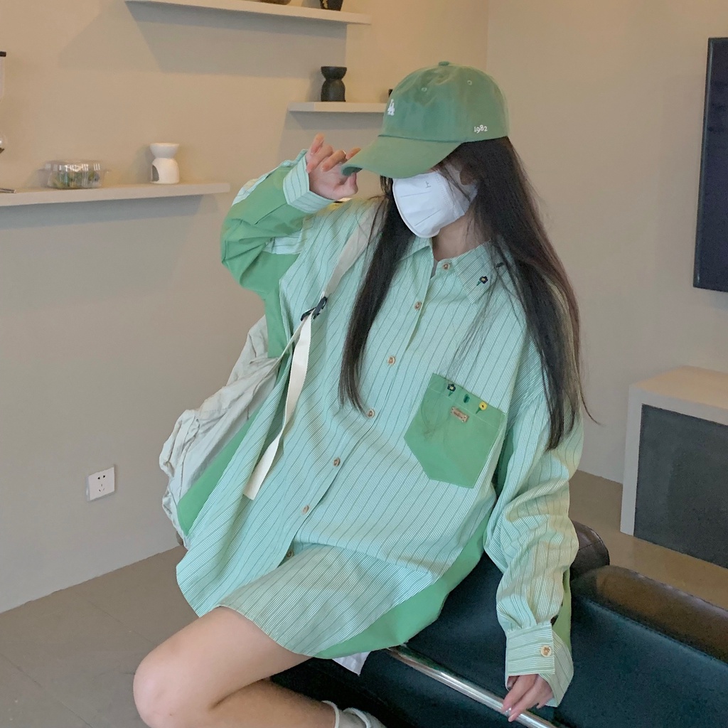 Áo Sơ Mi Nữ Dài Tay Cổ Bẻ Form Rộng Họa Tiết Sọc Vintage Thời Trang