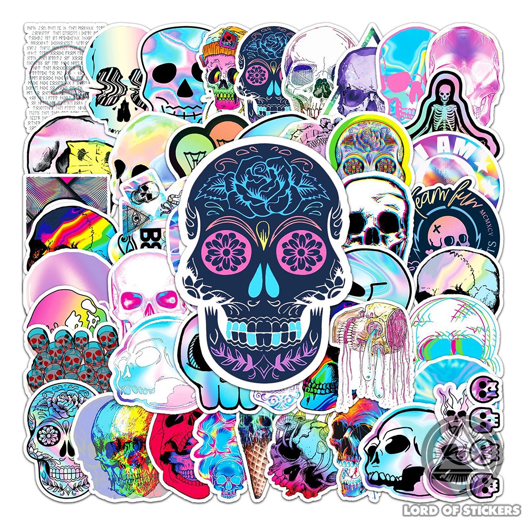 Set 50 Hình Dán Đầu Lâu Holographic Graffiti Sticker Cute Nhiều Màu Sắc Chống Thấm Nước Dán Mũ Bảo Hiểm, Laptop, Vali