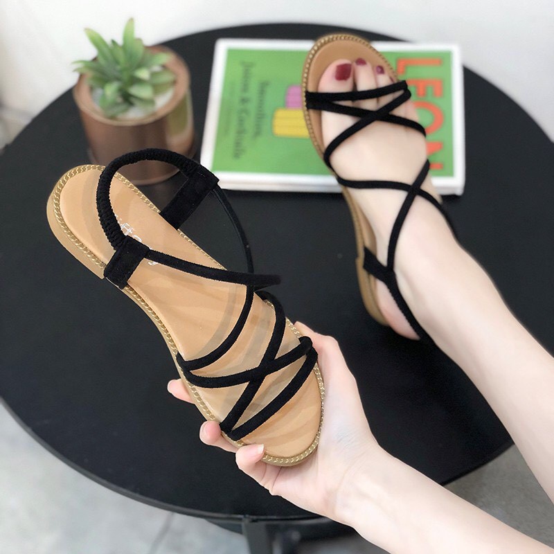 Dép Sandal nữ đế bằng quai mảnh da lộn êm chân đi được 2 kiểu-SB16
