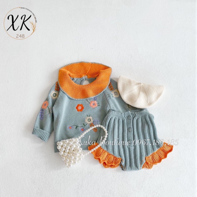 Set Len thêu hoa Cao cấp bé gái cực hot | Chất len dày dặn đanh mịn [Hình ảnh, video Thật]