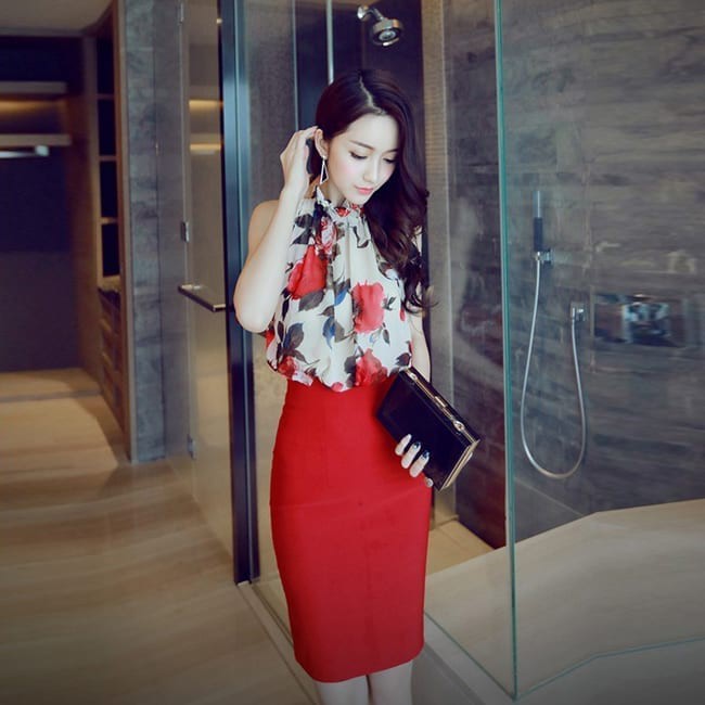 Set chân váy ôm áo hoa phong cách Hàn-SET01