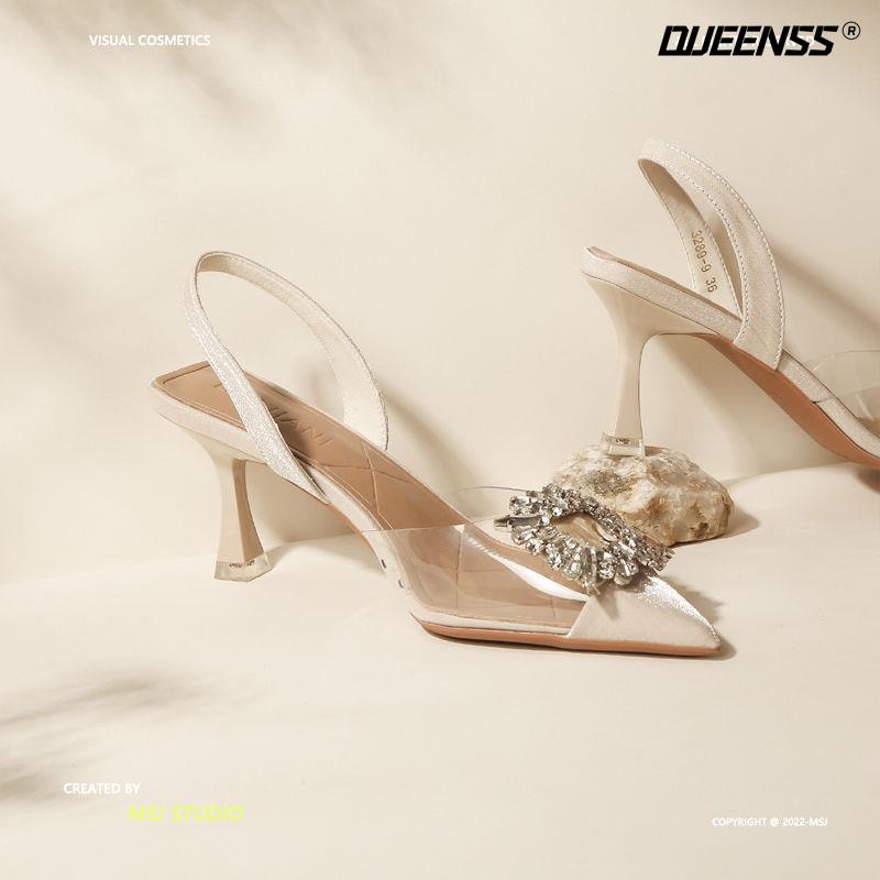 Giày Cao Gót Mũi Vuông Quai Trong Suốt Đính Đá Thời Trang Mùa Hè Dành Cho Nữ
