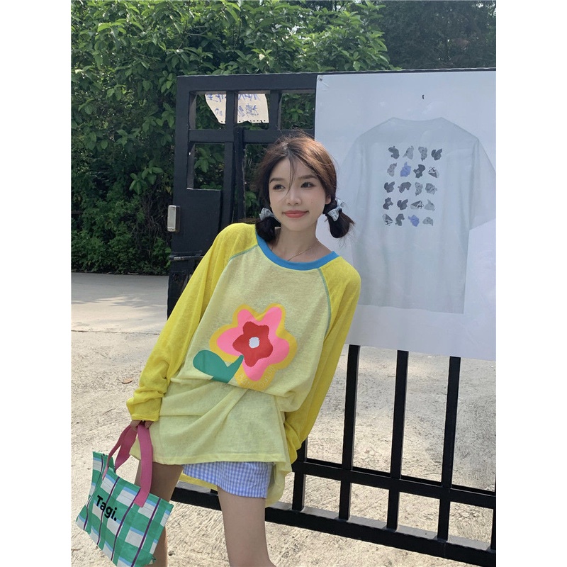 Jiashucheng Áo Thun Tay Dài Chống Nắng Dáng Rộng In Họa Tiết Màu Sắc Retro