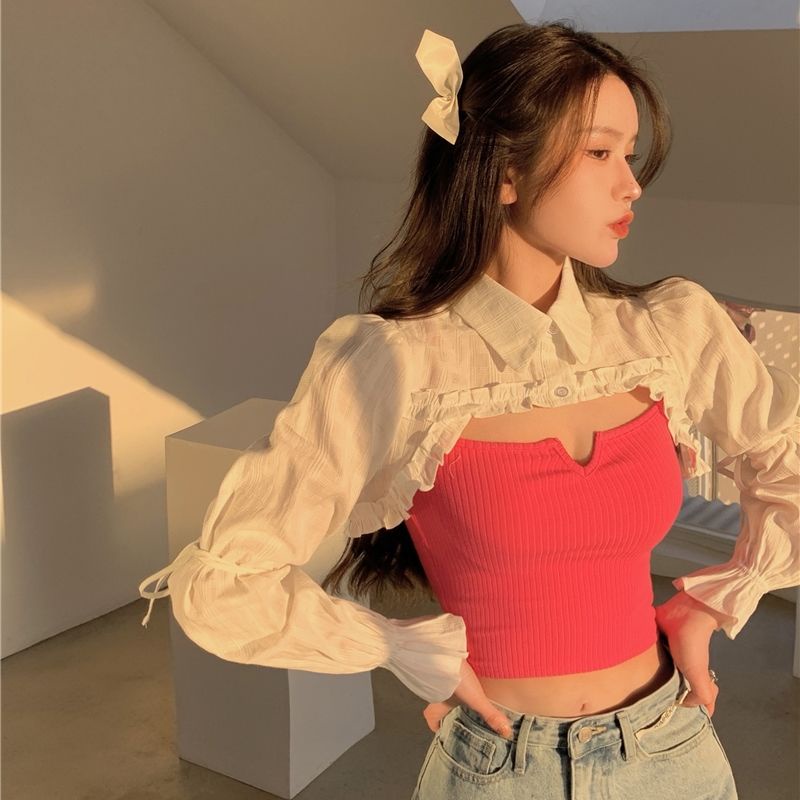 COZOK Set áo sơ mi ngắn tay + áo hai dây màu đỏ hồng xinh xắn