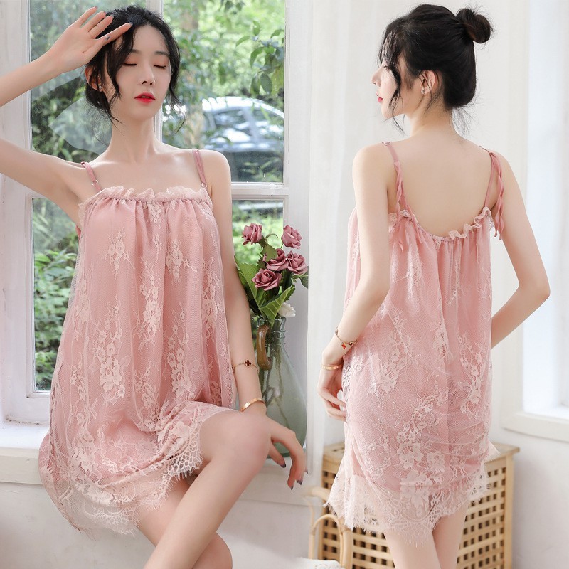 Đồ Ngủ Nữ💖FREESHIP💖Váy Ngủ Hai Dây Phối Ren Cao Cấp{Tặng kèm quần Lót}(5174)