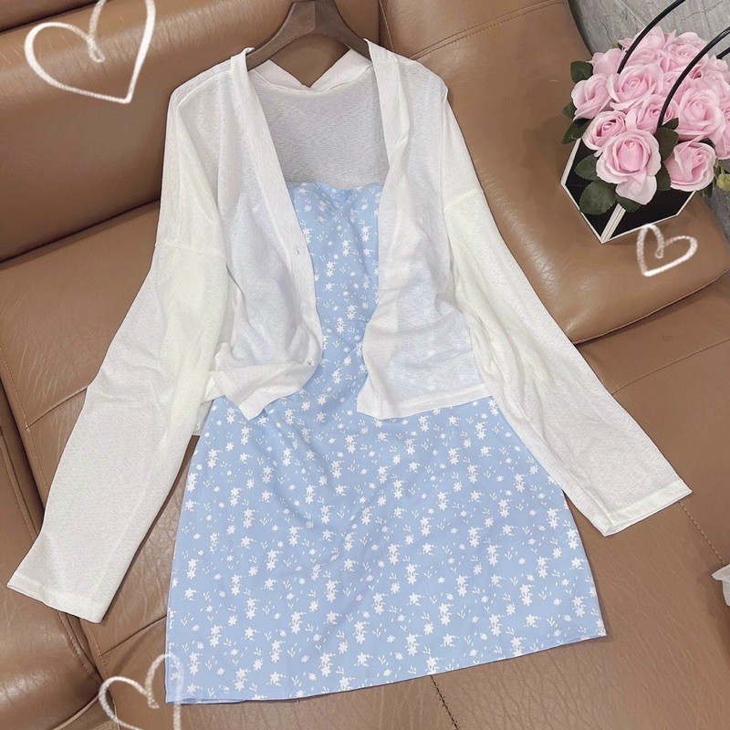 Set đầm 2 dây hoa nhí xanh dương kèm áo khoác cardigan mỏng S72