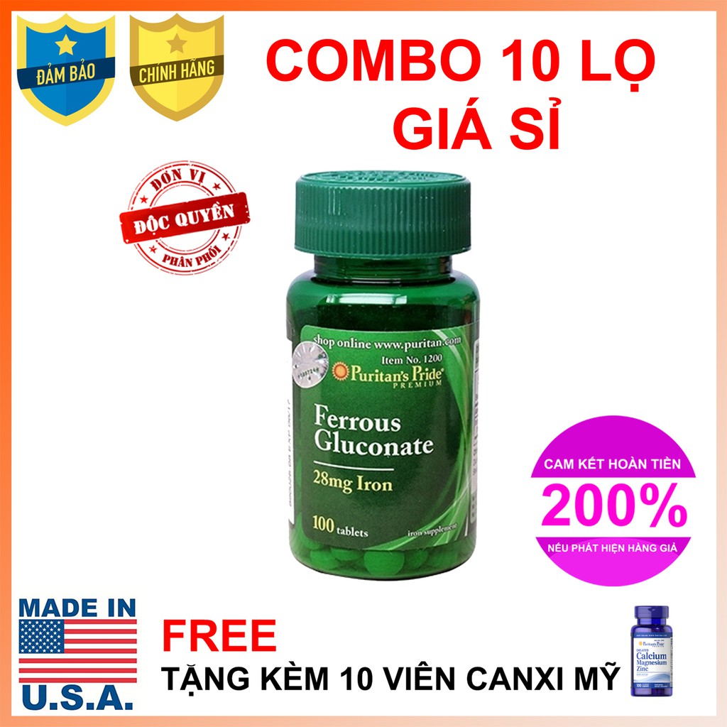 Combo 10 Ferrous Gluconate 28mg Iron 100 viên