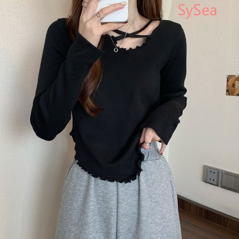 Áo Dệt Kim Thiết Kế Bất Đối Xứng Phong Cách Hàn Quốc Quyến Rũ Cho Nữ