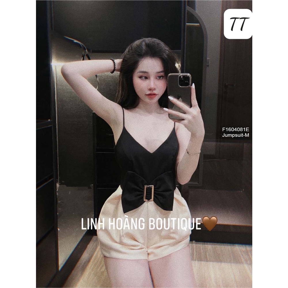 Jumpsuit short phối màu nơ eo gài khoen 2 dây!
