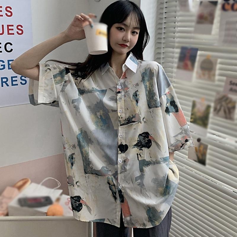 Áo Sơ Mi Voan Ngắn Tay Dáng Rộng In Họa Tiết Xinh Xắn Dành Cho Nữ