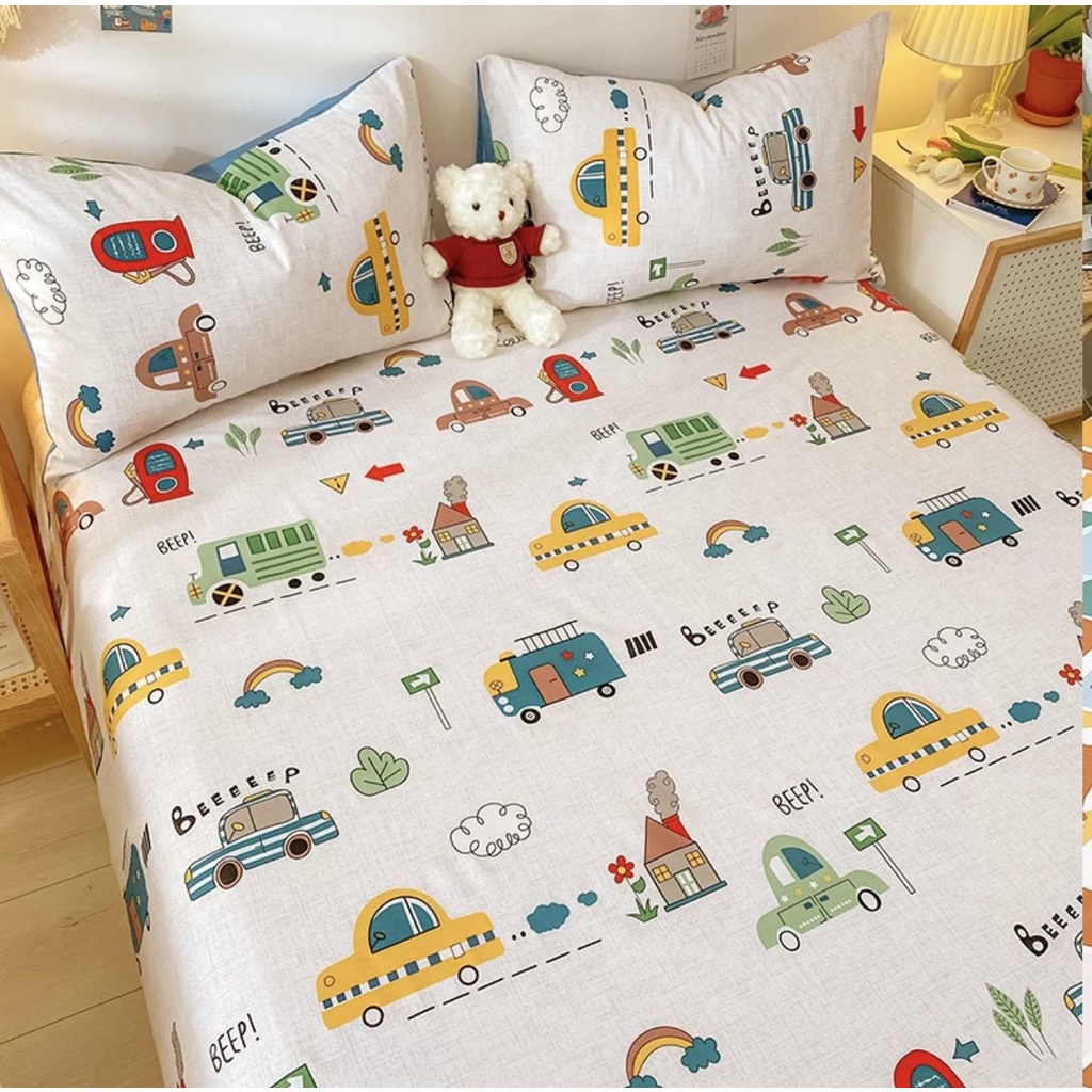 Sét Ga Gối 3 Món Hizun Cotton 100% Hoạ Tiết Ô Tô Nhỏ