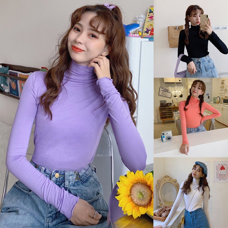 Áo Thun Tay Dài Cổ Lọ 10MK Màu Sắc Đơn Giản Phong Cách Hàn Quốc Cho Nữ