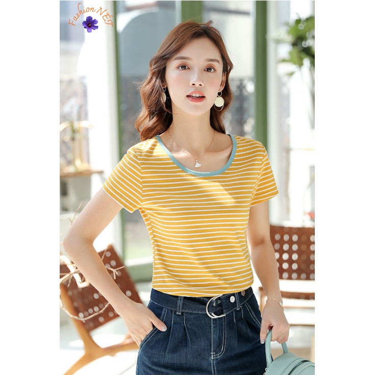 [Mã FASHION5 Giảm 5K Đơn 99K] Áo Thun Kẻ Ngang Cùng Viền Cổ Trang Nhã, Mát, Đa Năng Với Phong Cách Trẻ Trung Cho Bạn Gái