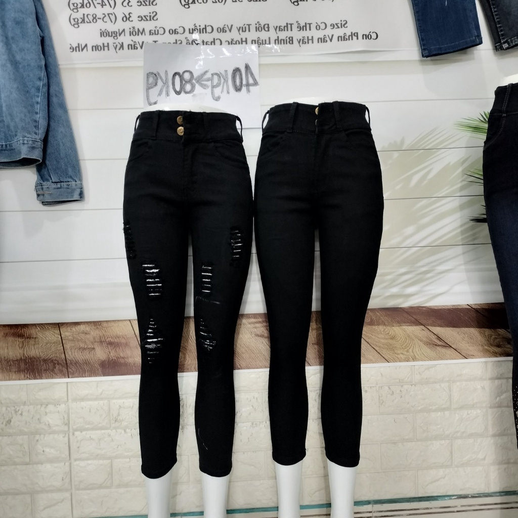 Quần Jeans Nữ 9 tất Ôm Lưng Cao Co Giãn Đen Trơn, Đen Rách Không Phai Cực Hách Dáng cho 42kg đến 76kg