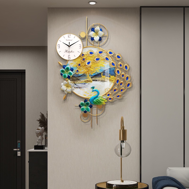 Đồng Hồ Decor Con Công Kết Hợp Tranh Kính Phù Điêu Treo Tường Trang Trí Phòng Khách Cao Cấp KD2926-1