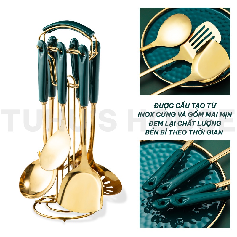 Bộ dụng cụ nhà bếp nấu ăn 7 món màu xanh cổ vịt mạ vàng cao cấp, cán sứ sang trọng chắc chắn – TUHUHOUSE