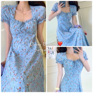 (Hàng sẵn có ảnh thật) Đầm xanh hoa nhí cổ vuông rút dây nhún ngực, style ulzzang Hàn Quốc 🌻 Panny Boutique 🌻