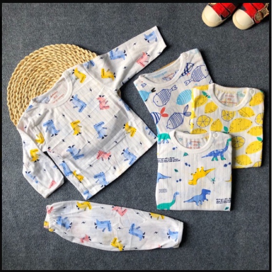 Combo 5 bộ cotton giấy tay dài cho bé sơ sinh tới 6kg - Vải mỏng, mát thoải mái cho bé hoạ tiết ngẫu nhiên