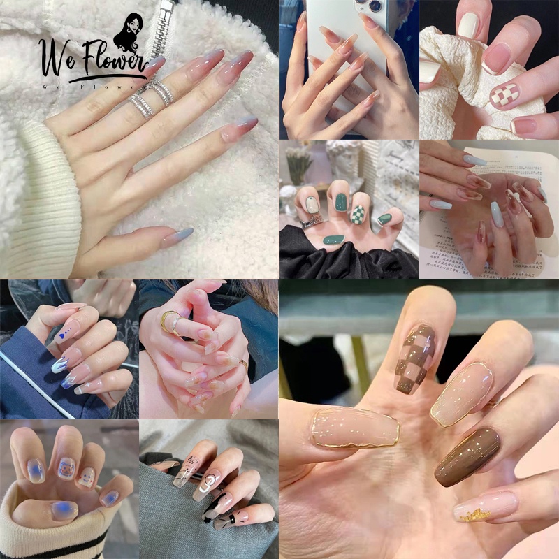 Bộ 24 móng tay giả We Flower họa tiết màu vàng kim tuyến tuyến tuyến gradient trang trí thủ công cho nữ