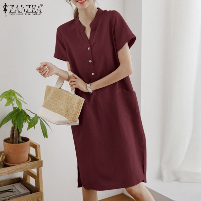 Đầm ZANZEA midi tay ngắn cổ chữ v có túi trước thời trang cho nữ