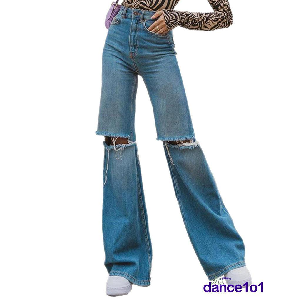 Quần Jeans Nữ Dài Lưng Cao Mài Rách Thời Trang