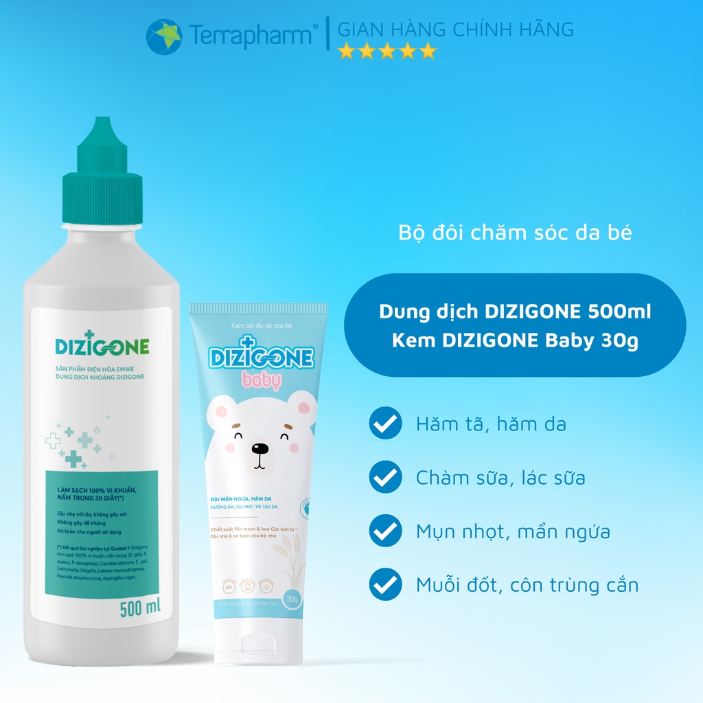 Dung dịch kháng khuẩn DIZIGONE 500ml & Kem DIZIGONE Baby 30g: Đẩy lùi hăm tã, hăm da & bảo vệ da bé