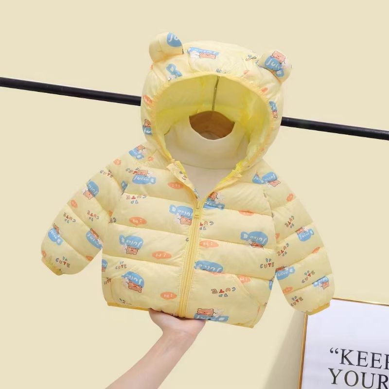 Áo khoác họa tiết trẻ em, áo phao tai gấu, siêu nhẹ, siêu mềm, dày ấm cho bé 8-20kg