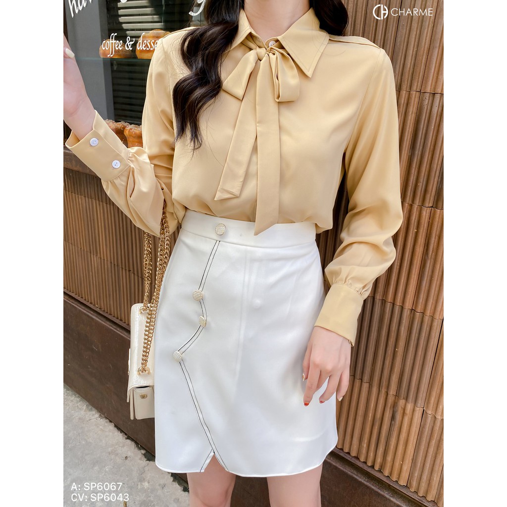 Áo sơ mi nữ trơn dài tay phối cổ nơ tiểu thư thiết kế Charme 6067