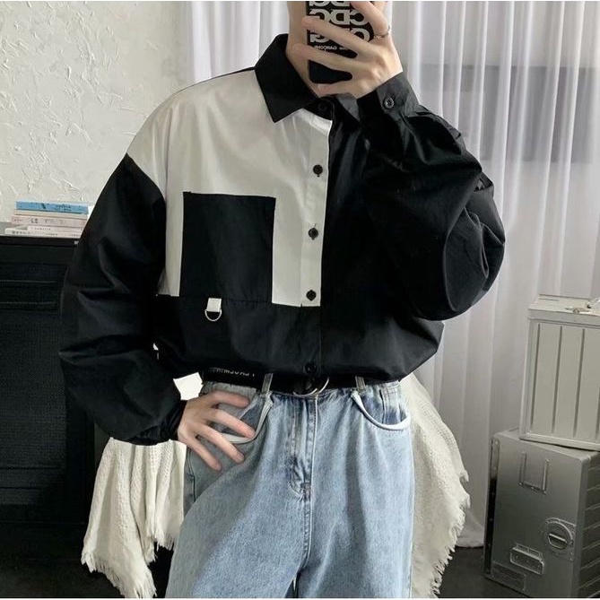 Áo Sơ Mi Trơn Tay Dài Form Rộng Phối 2 Màu Styse Basic Dành Cho Cả Nam Và Nữ