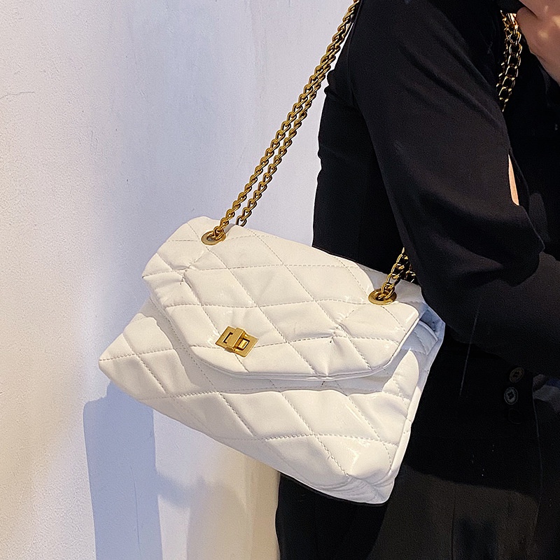 Túi Đeo Vai Họa Tiết Hình Thoi Màu Đen Phối Dây Xích Thời Trang Cho Nữ