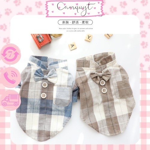 Aó sơ mi caro CAMQUYTSTORE  gắn nơ cho thú cưng